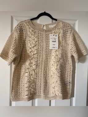 Zara Cream Crochet Short Sleeve Blouse